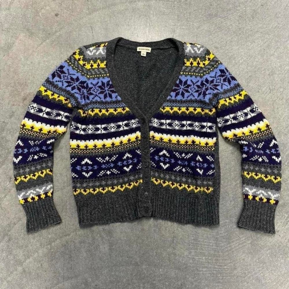 Womans Cardigan Sweater Patterned Gray Yellow Purple Indie Boho Cozy Medium